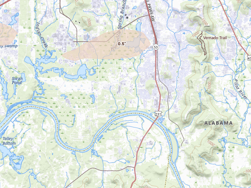 Radar-estimated hail-size map of the storm over Huntsville, AL