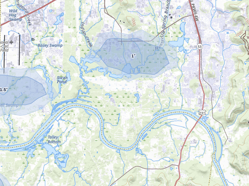 NEXRAD radar-signature map of the hail over Huntsville, AL