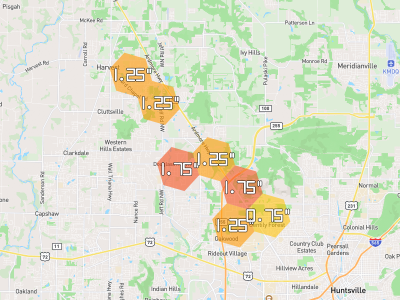 Hail map of Huntsville, AL on Jun 1, 2026, hail up to 1.75"