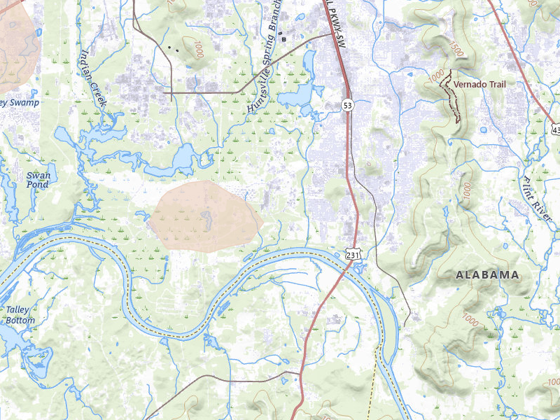 Radar-estimated hail-size map of the storm over Huntsville, AL on Jul 1, 2026
