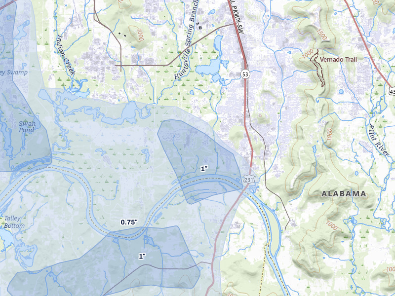 NEXRAD radar-signature map of the hail storm over Huntsville, AL on Jul 1, 2026