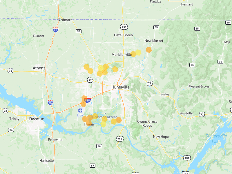 Hail map of Huntsville, AL on Jul 1, 2026, hail up to 1.25"