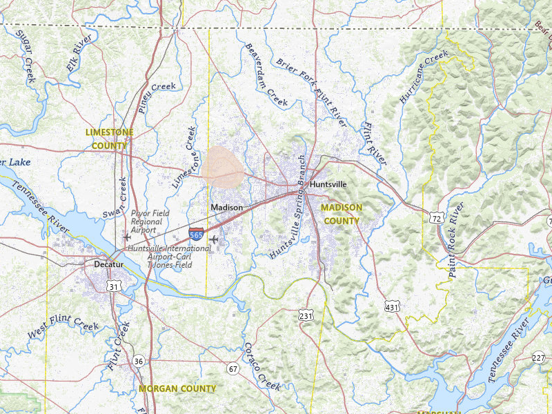Radar-estimated hail-size map of the storm over Huntsville, AL on Jul 2, 2026