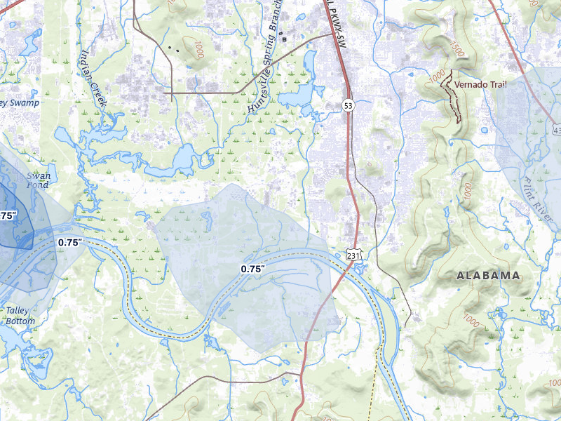 NEXRAD radar-signature map of the hail storm over Huntsville, AL on Jul 3, 2026