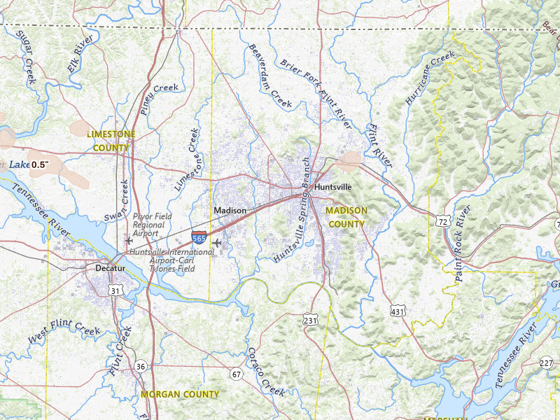 Radar-estimated hail-size map of the storm over Huntsville, AL on Jul 9, 2026
