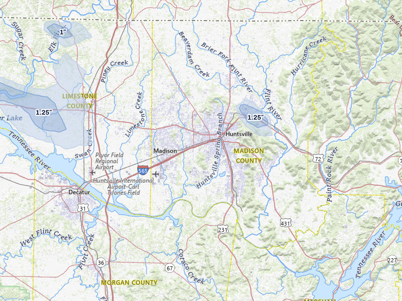 NEXRAD radar-signature map of the hail storm over Huntsville, AL on Jul 9, 2026