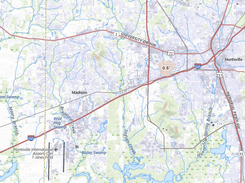 Radar-estimated hail-size map of the storm over Huntsville, AL on Aug 9, 2026