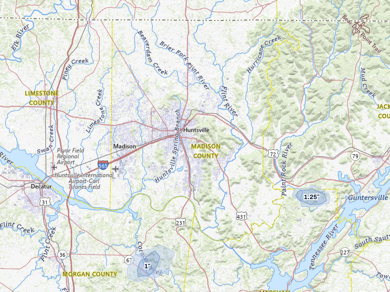 NEXRAD radar-signature map of the hail storm over Huntsville, AL on Aug 9, 2026