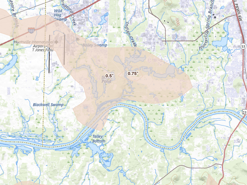 Radar-estimated hail-size map of the storm over Huntsville, AL on Aug 17, 2026