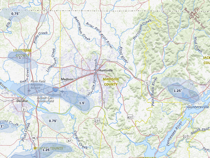 NEXRAD radar-signature map of the hail storm over Huntsville, AL on Aug 17, 2026