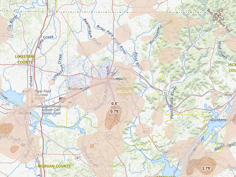 Radar-estimated hail-size map of the storm over Huntsville, AL on Aug 20, 2026