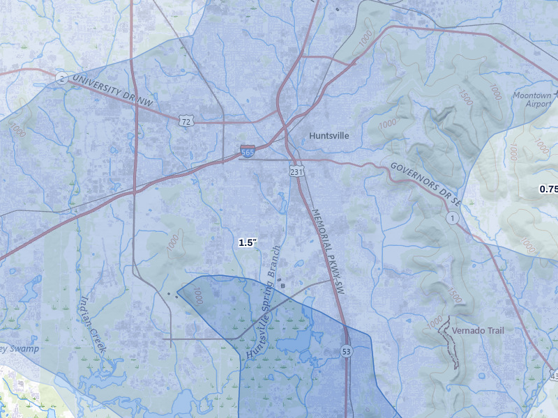 NEXRAD radar-signature map of the hail storm over Huntsville, AL on Aug 20, 2026