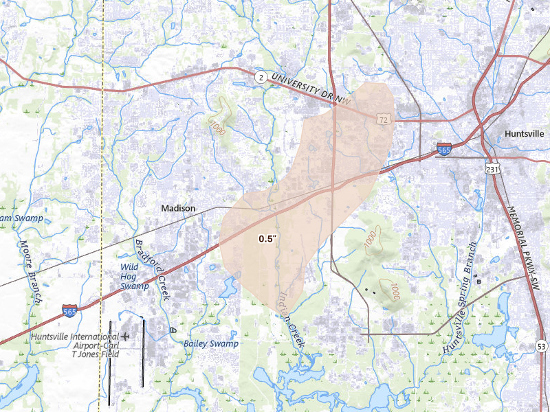 Radar-estimated hail-size map of the storm over Huntsville, AL