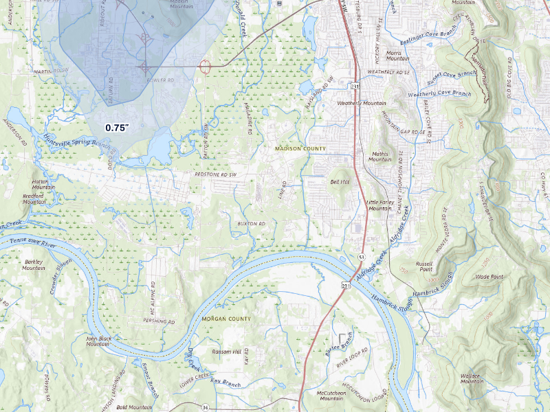 NEXRAD radar-signature map of the hail storm over Huntsville, AL on Sep 5, 2026