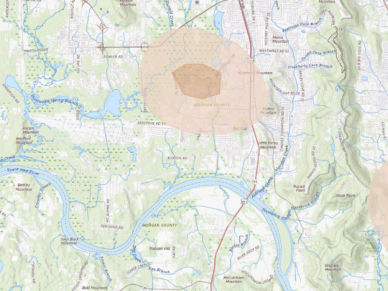 Radar-estimated hail-size map of the storm over Huntsville, AL