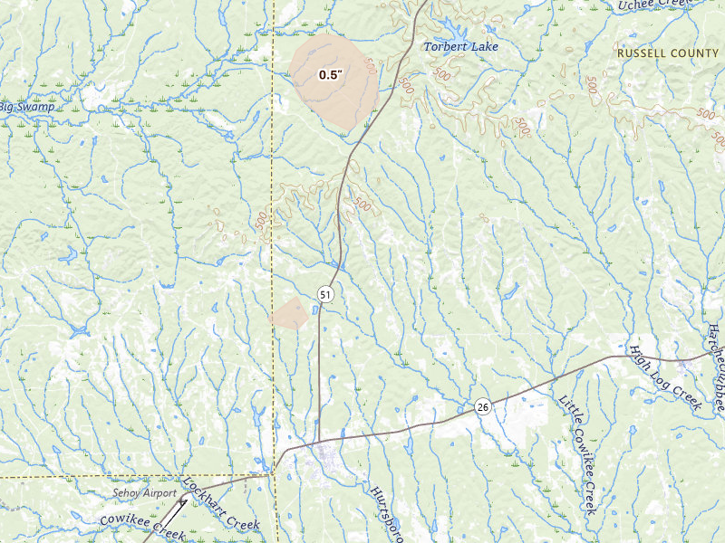 Radar-estimated hail-size map of the storm over Hurtsboro, AL on Mar 31, 2026