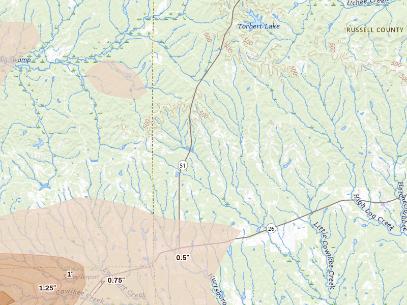 Radar-estimated hail-size map of the storm over Hurtsboro, AL on May 6, 2026