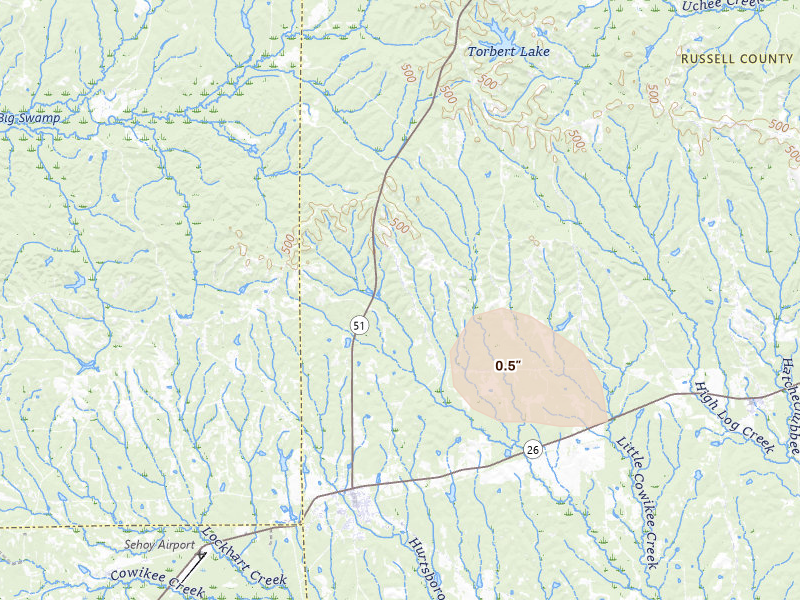 Radar-estimated hail-size map of the storm over Hurtsboro, AL on Jun 1, 2026