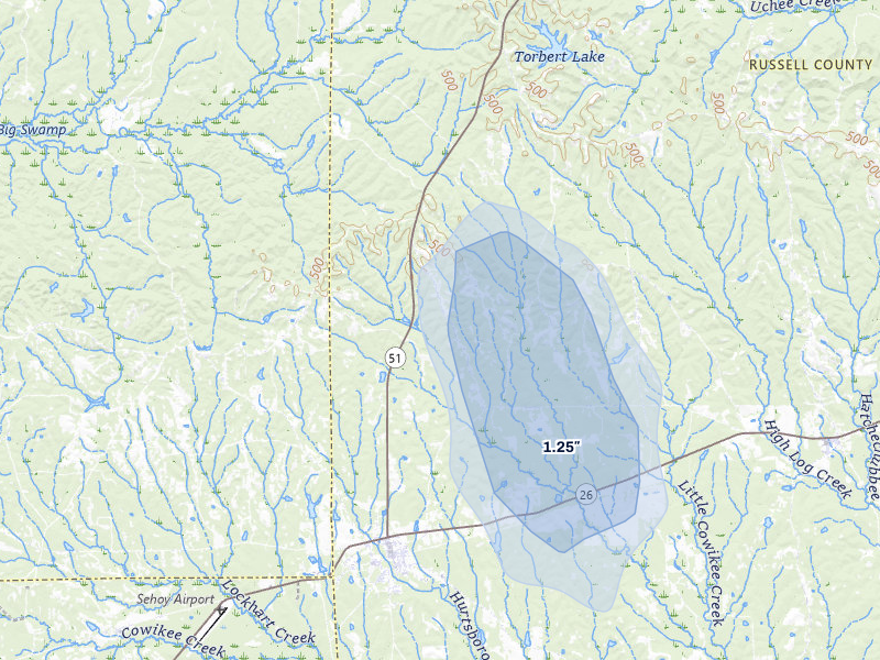 NEXRAD radar-signature map of the hail storm over Hurtsboro, AL on Jun 1, 2026