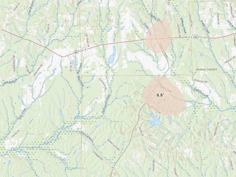 Radar-estimated hail-size map of the storm over Hurtsboro, AL