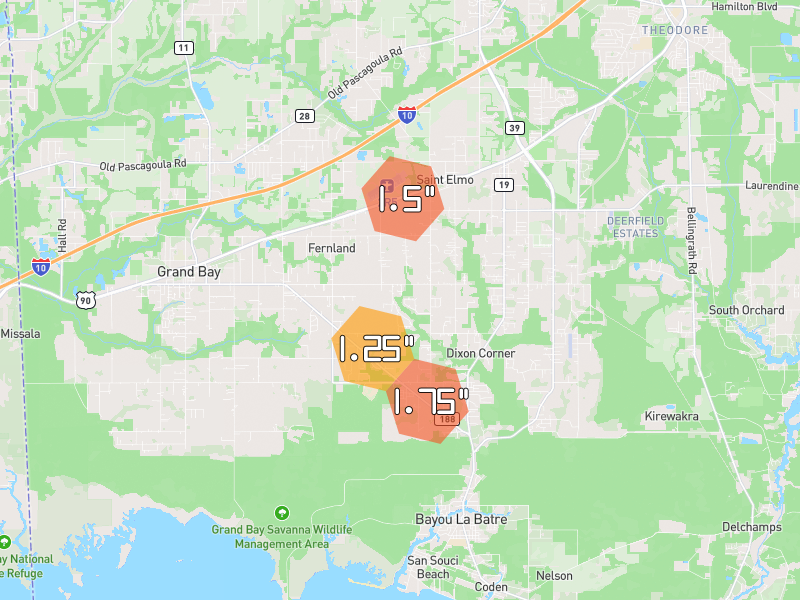 Hail map of Irvington, AL on Jun 30, 2026, hail up to 1.75"
