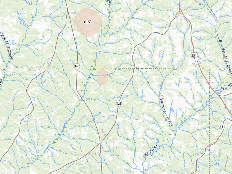 Radar-estimated hail-size map of the storm over Jack, AL on Jul 18, 2026