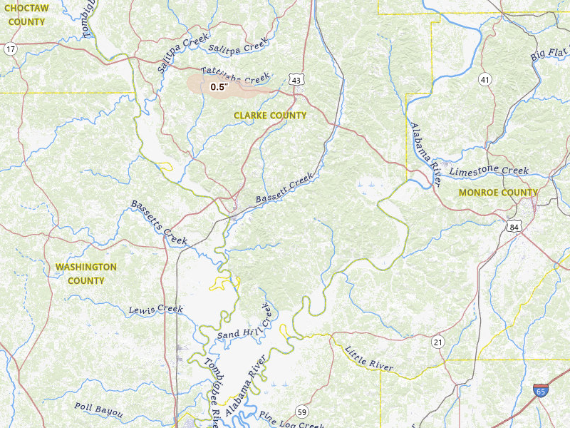 Radar-estimated hail-size map of the storm over Jackson, AL on Apr 28, 2026