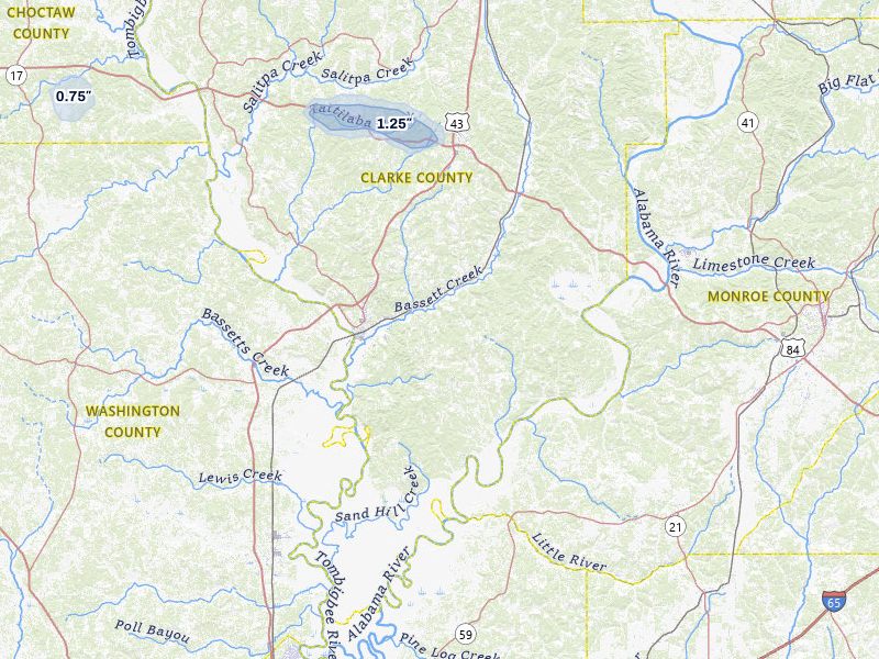 NEXRAD radar-signature map of the hail storm over Jackson, AL on Apr 28, 2026
