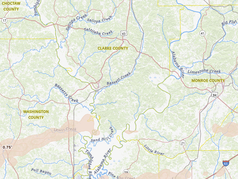 Radar-estimated hail-size map of the storm over Jackson, AL on May 6, 2026