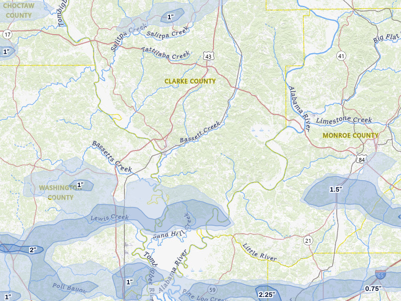 NEXRAD radar-signature map of the hail storm over Jackson, AL on May 6, 2026