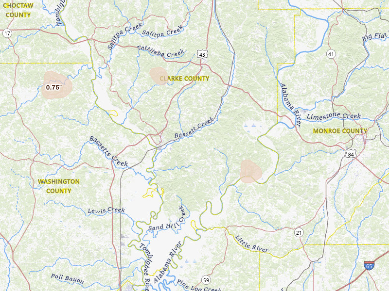 Radar-estimated hail-size map of the storm over Jackson, AL on Jun 1, 2026