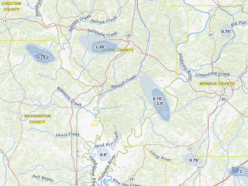 NEXRAD radar-signature map of the hail storm over Jackson, AL on Jun 1, 2026