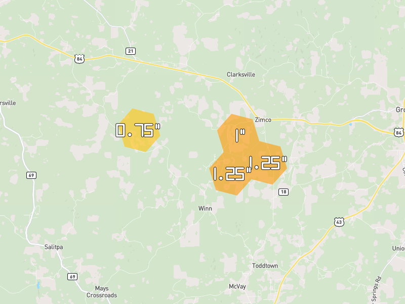 Hail map of Jackson, AL on Jun 1, 2026, hail up to 1.25"