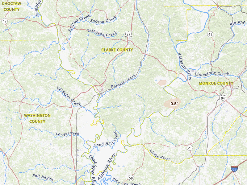 Radar-estimated hail-size map of the storm over Jackson, AL on Jun 30, 2026