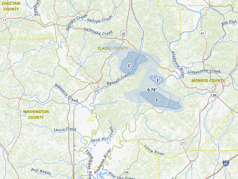 NEXRAD radar-signature map of the hail storm over Jackson, AL on Jun 30, 2026
