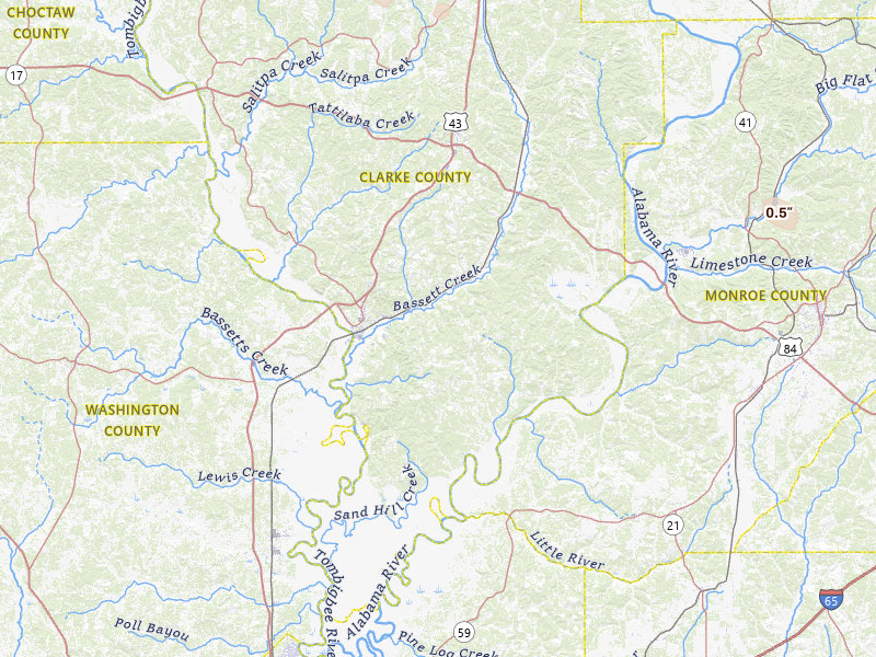 Radar-estimated hail-size map of the storm over Jackson, AL on Jul 6, 2026