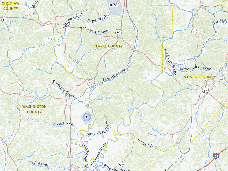 NEXRAD radar-signature map of the hail storm over Jackson, AL on Jul 6, 2026