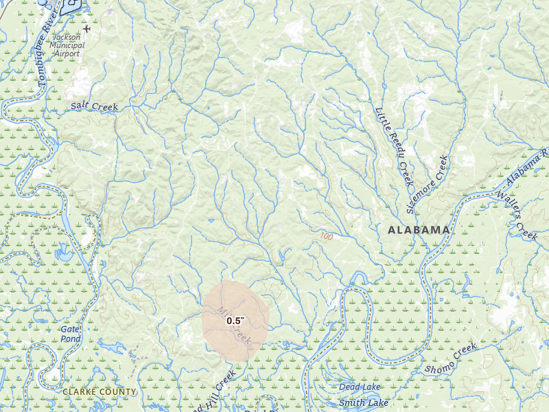 Radar-estimated hail-size map of the storm over Jackson, AL on Aug 17, 2026