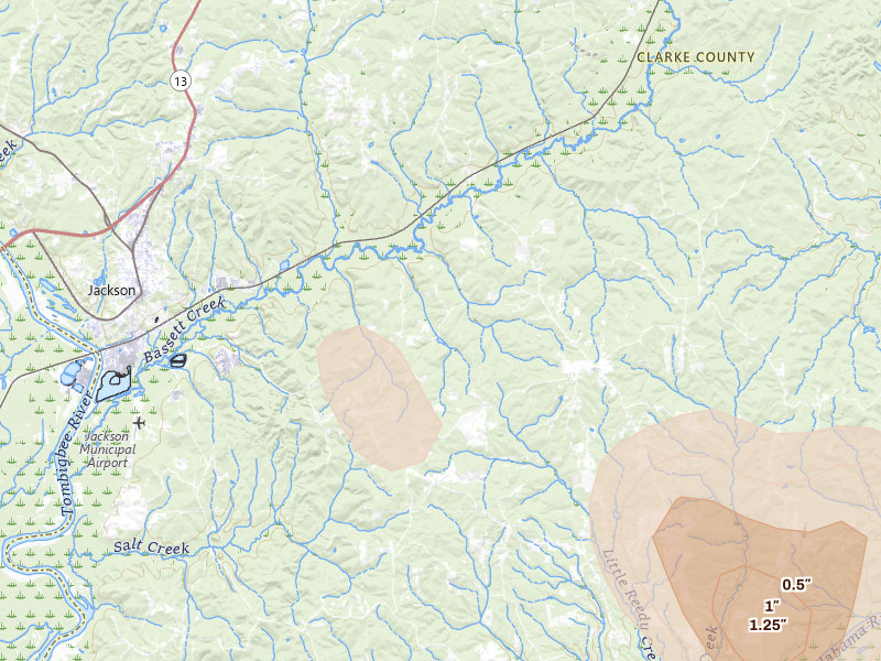 Radar-estimated hail-size map of the storm over Jackson, AL on Aug 18, 2026
