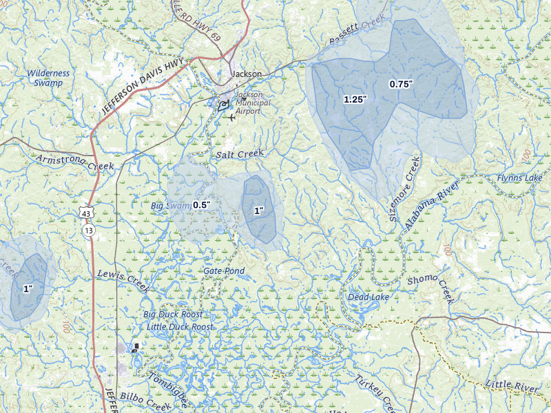 NEXRAD radar-signature map of the hail storm over Jackson, AL on Aug 19, 2026