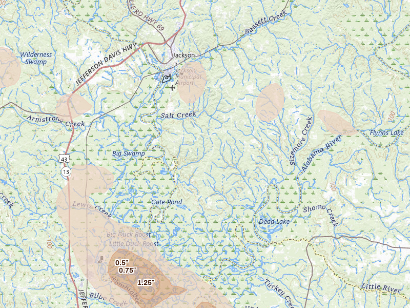 Radar-estimated hail-size map of the storm over Jackson, AL on Aug 21, 2026