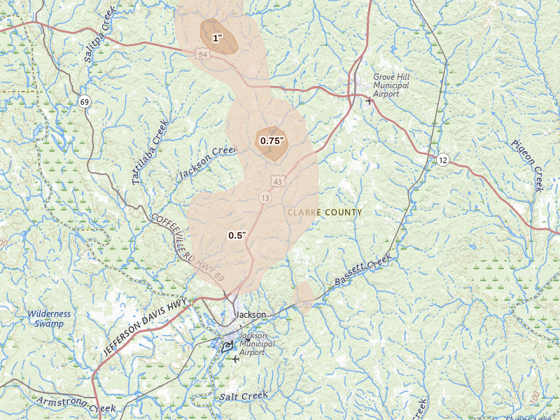 Radar-estimated hail-size map of the storm over Jackson, AL on Aug 24, 2026