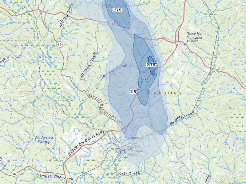 NEXRAD radar-signature map of the hail storm over Jackson, AL on Aug 24, 2026