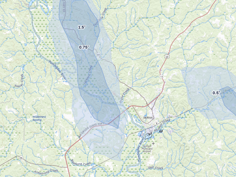 NEXRAD radar-signature map of the hail storm over Jackson, AL on Sep 10, 2026