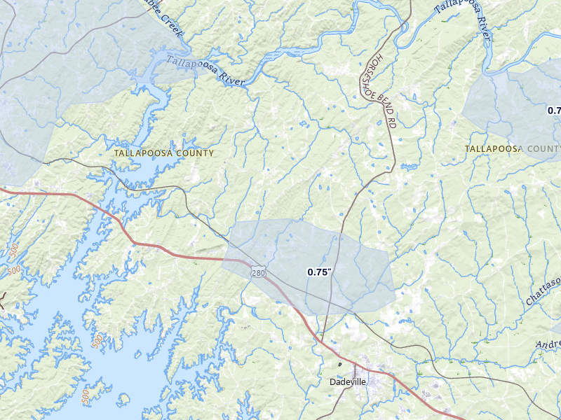 NEXRAD radar-signature map of the hail storm over Jacksons Gap, AL on Apr 28, 2026