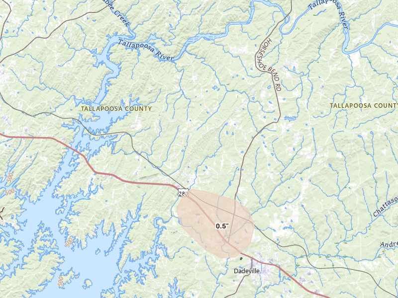 Radar-estimated hail-size map of the storm over Jacksons Gap, AL on Aug 6, 2026