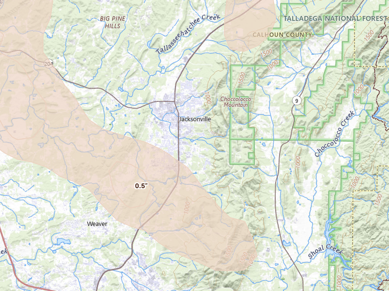 Radar-estimated hail-size map of the storm over Jacksonville, AL on Jun 1, 2026