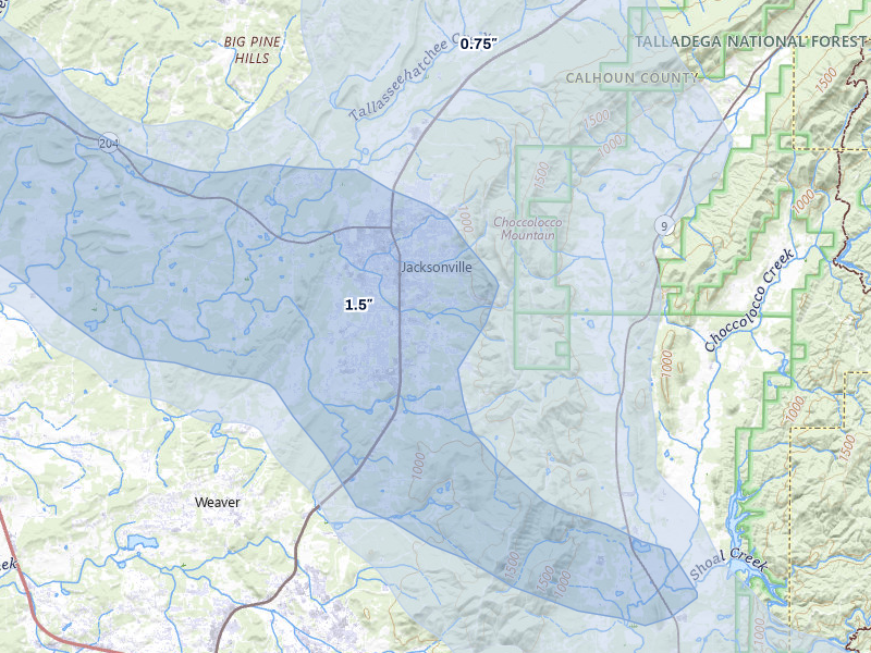 NEXRAD radar-signature map of the hail storm over Jacksonville, AL on Jun 1, 2026