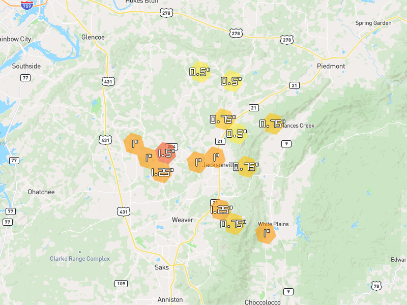 Hail map of Jacksonville, AL on Jun 1, 2026, hail up to 1.5"