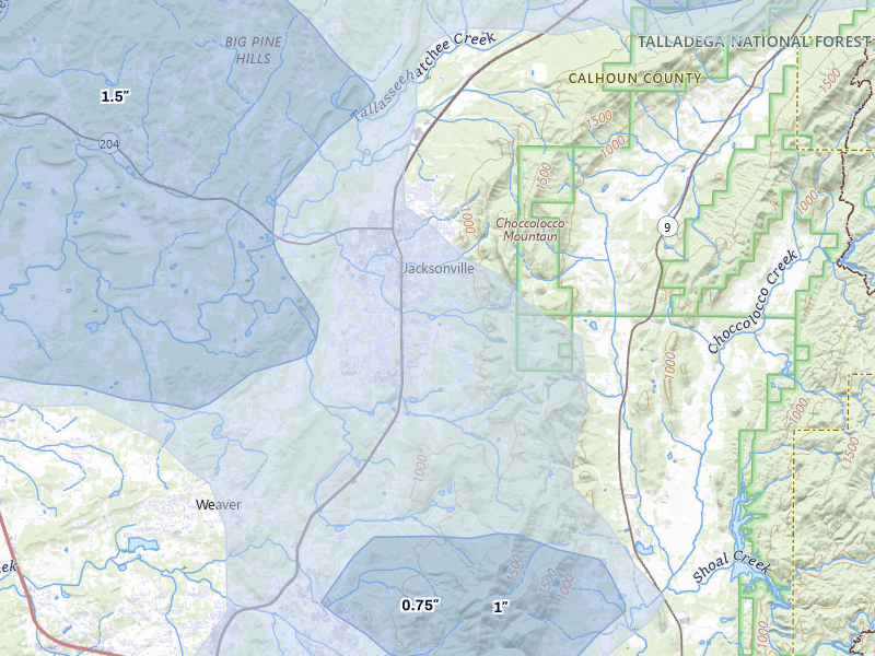 NEXRAD radar-signature map of the hail storm over Jacksonville, AL on Jul 1, 2026